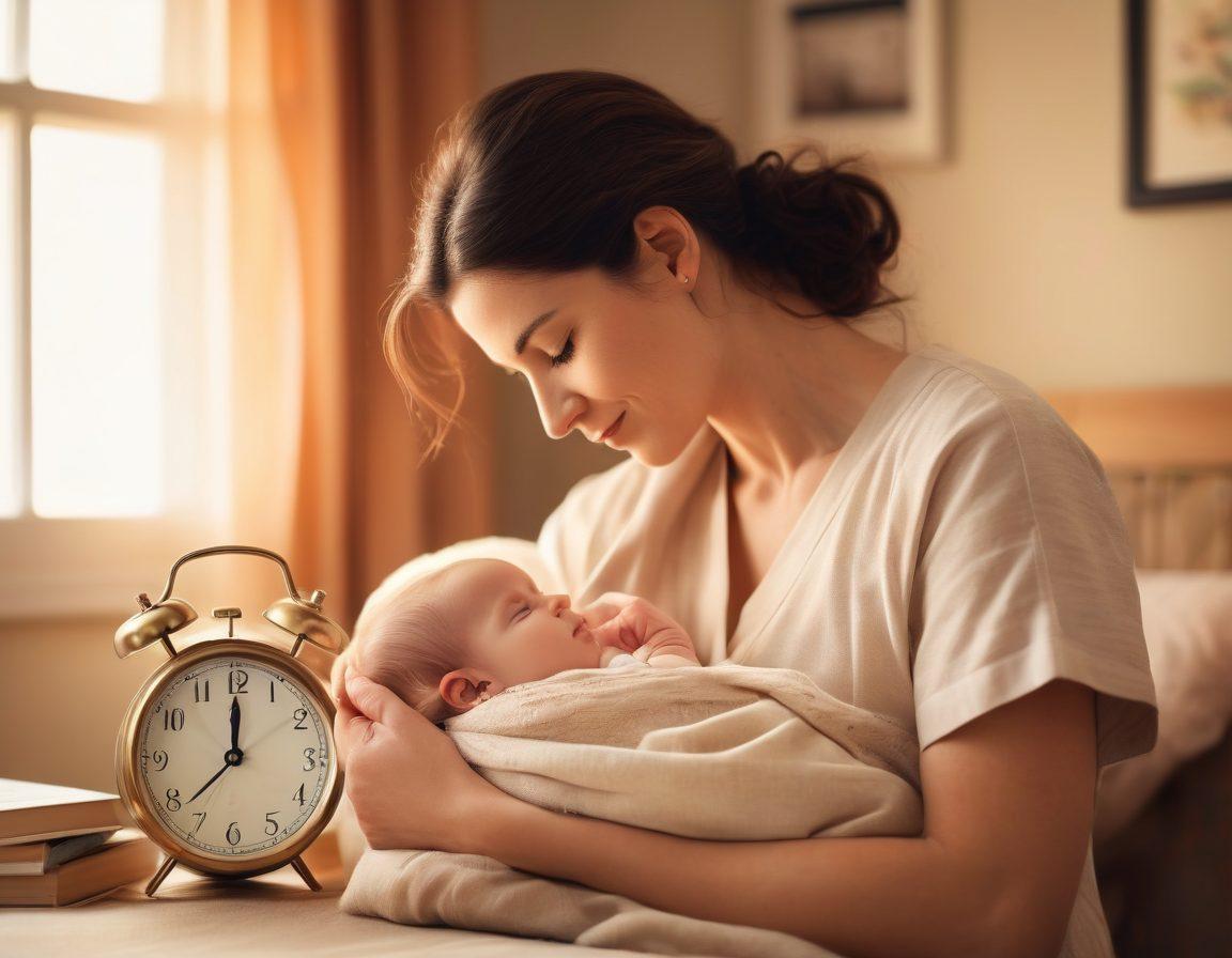 A serene scene depicting a mother gently nursing her baby, with soft lighting that emphasizes the warmth of the moment. In the background, a cozy nursery filled with books on parenting and nurturing, symbolic of the bonding journey. Subtle elements like a clock showing late evening and a small window revealing a calming twilight sky, representing the challenges and beauty of nursing. gentle illustration. warm colors. soft focus.
