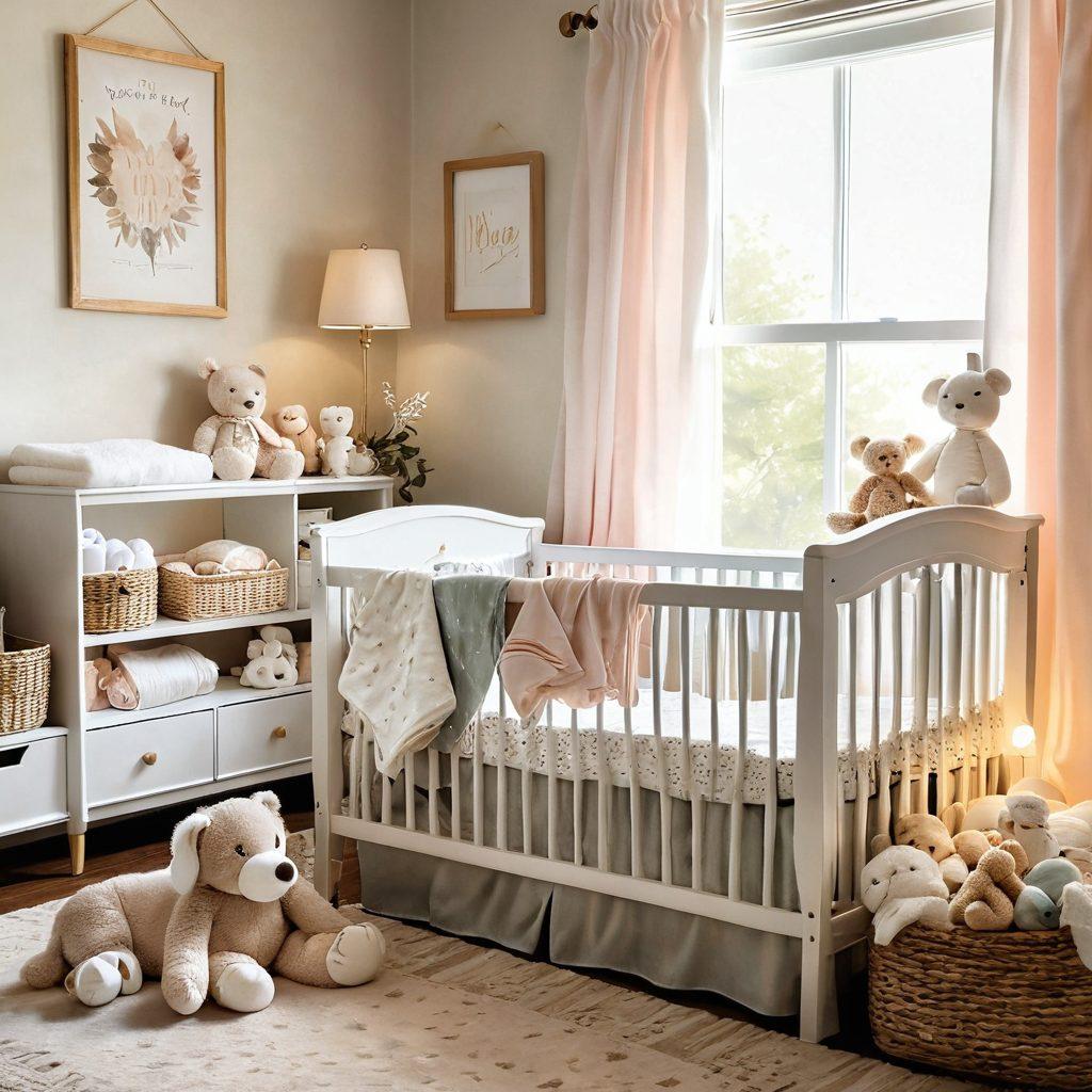 A cozy nursery scene featuring a beautifully decorated crib adorned with soft pastel colors, plush toys, and baby essentials like diapers and blankets neatly arranged. Include a new mom gently cradling her baby in her arms, surrounded by a calming atmosphere with natural light streaming in through a window, emphasizing warmth and love. Added touches like a baby care product shelf and an open parenting book add to the theme. super-realistic. soft colors. warm lighting.