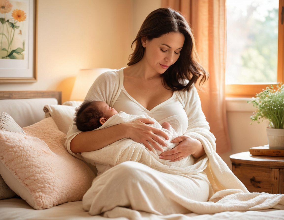 A serene and nurturing scene of a new mother breastfeeding her infant in a cozy, softly lit room. Surrounding them are visual representations of essential breastfeeding tips, such as a supportive pillow, a guidebook on breastfeeding, and calming items like herbal tea and a warm blanket. The mother exudes a sense of peace and confidence, radiating warmth and love. This composition should evoke a warm, inviting atmosphere for new moms. soft colors. painting. natural light.
